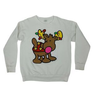 Vintage Christmas Reindeer Sweatshirt Womens Size L White 50/50 Holiday Made USA